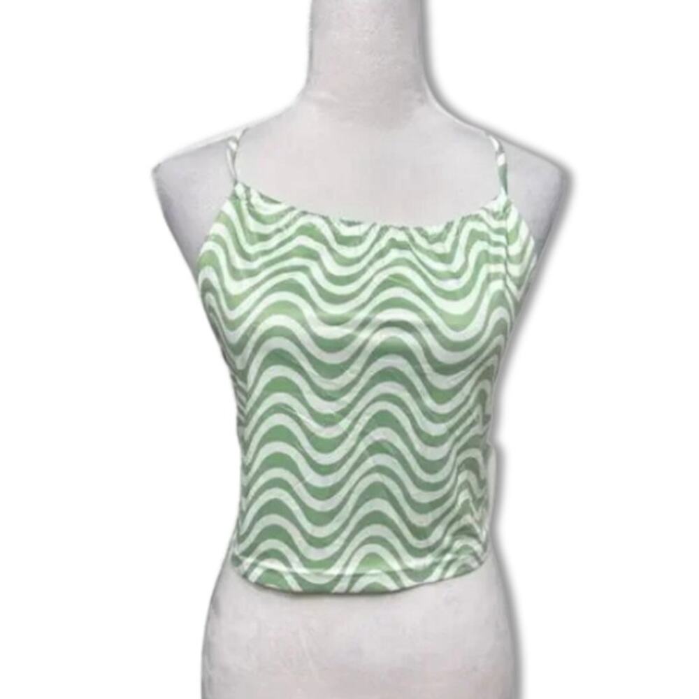 Elodie Crop Top Geometric Print Adjustable Spaghetti Strap Backless Green L NWT